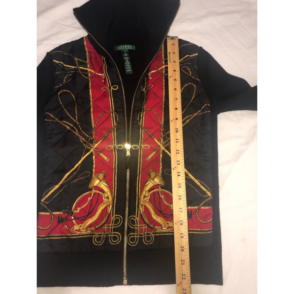 Ralph Lauren Sweater Size M Black Red Zip Front Equestrian Silk Old Money RLR - Picture 7 of 8